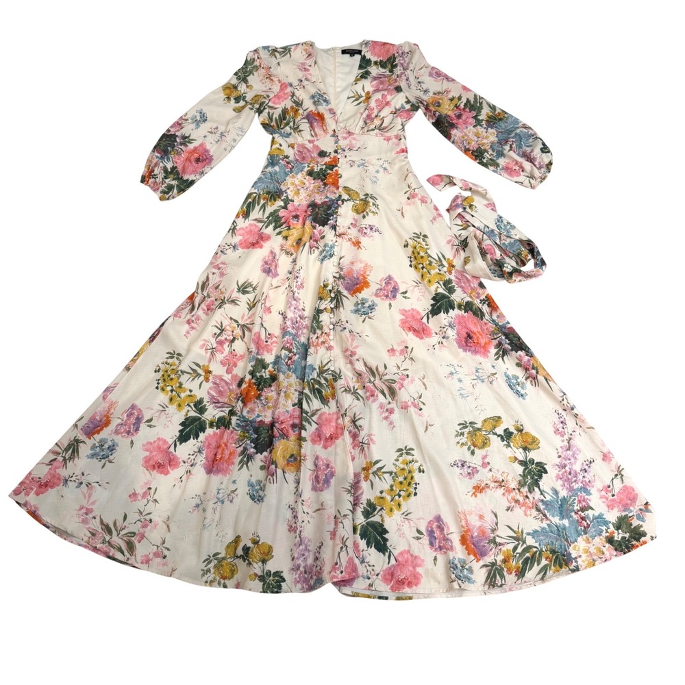 Beulah Style Floral Cottage Boho Cotton Maxi Dress White Pink Long Sleeve M